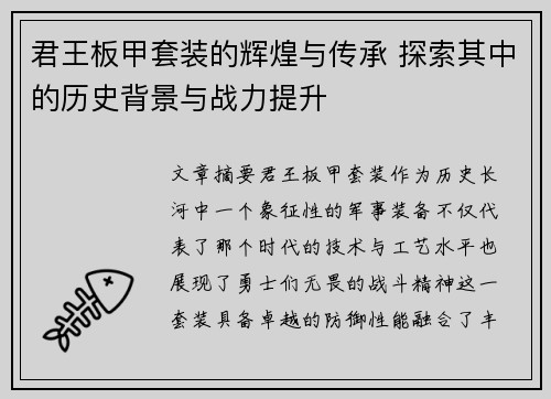 君王板甲套装的辉煌与传承 探索其中的历史背景与战力提升